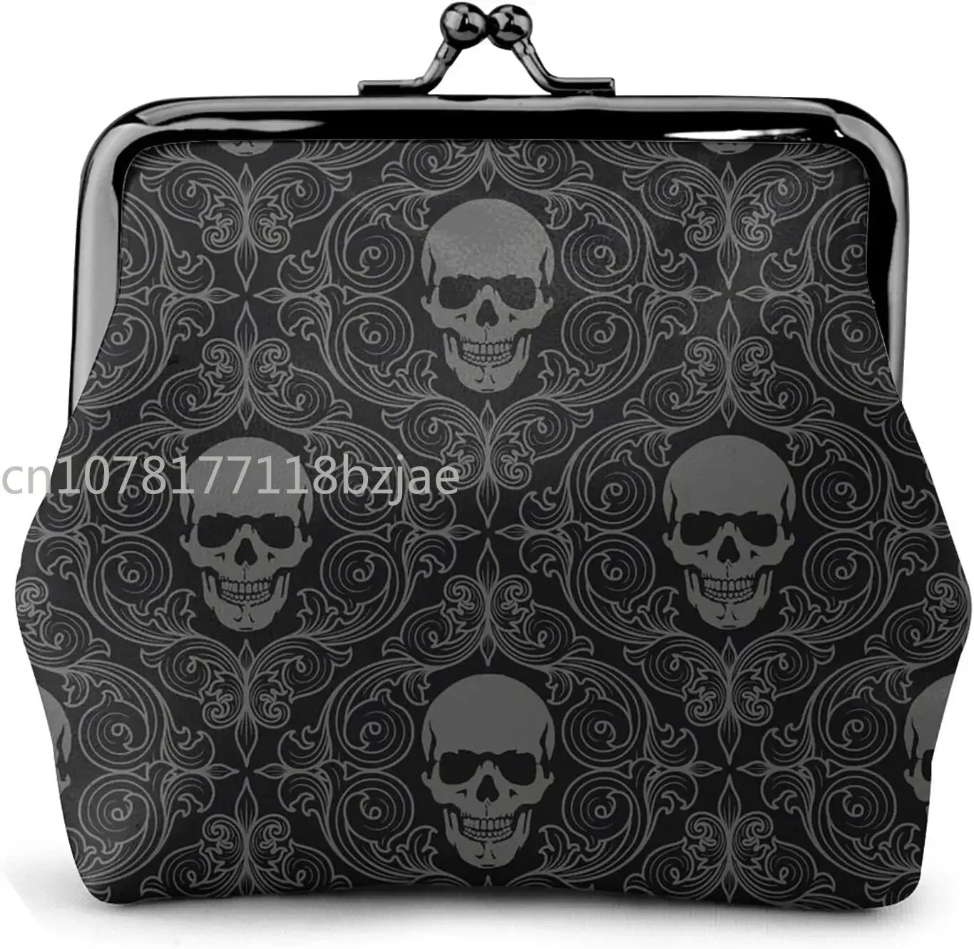 

Women'S Wallet Gothic Wallpaper For Walls Skull Damask Buckle Leather Coin Purses Pouch Kiss-Lock Change Travel Makeup Wallets