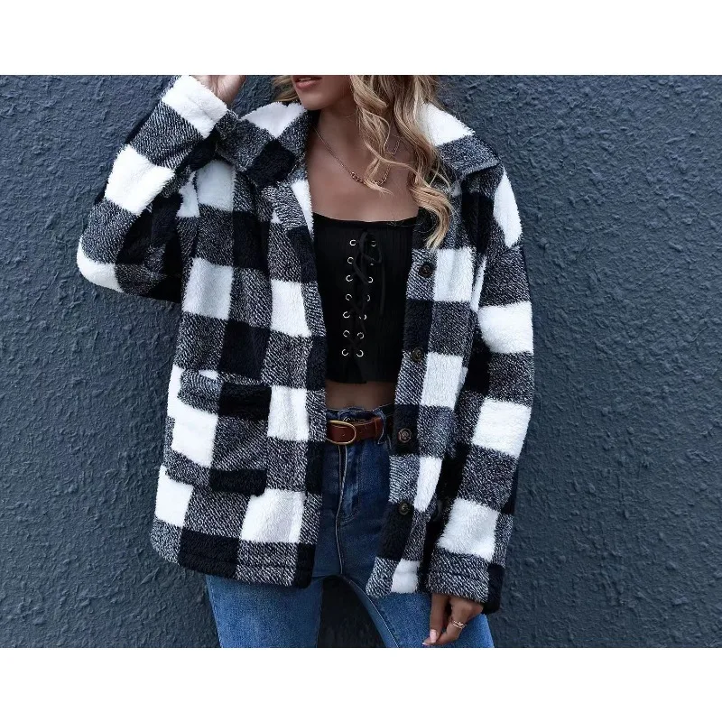 

Plush Coat Autumn and Winter Checkered Long Sleeved Lapel Women's Clothing