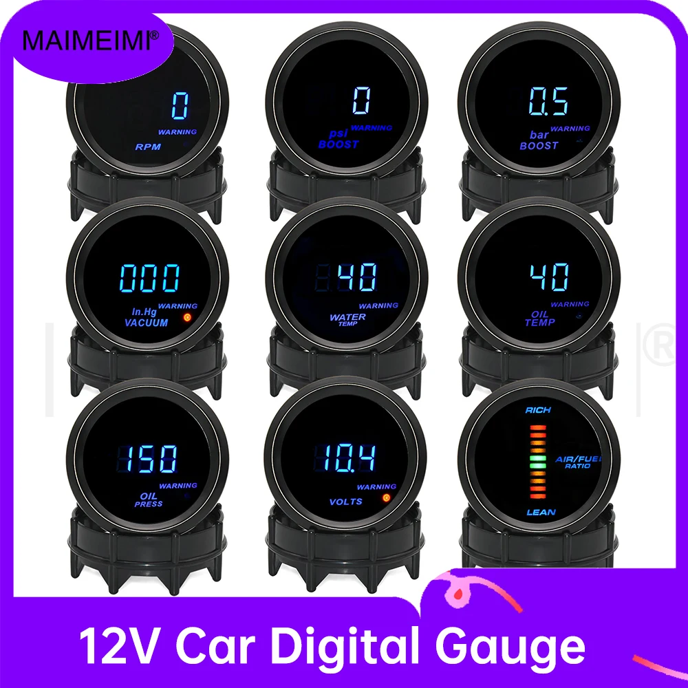 12V Car Digital Gauge for Car Racing Tachometer Meter Turbo Boost Gauge PSI/BAR Voltmeter Water/Oil Temp Gauge Oil Press Gauge