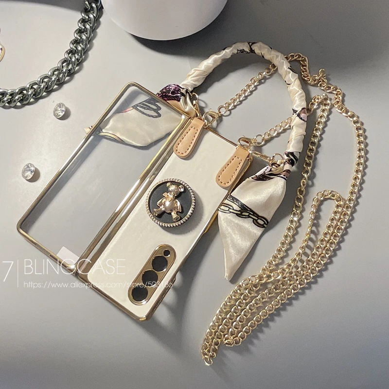 Silk Bracelet Bear Holder Leather Phone case For Samsung Galaxy Z Fold 5 4 3 Hand Chain Tempered Glass Screen Film Cover