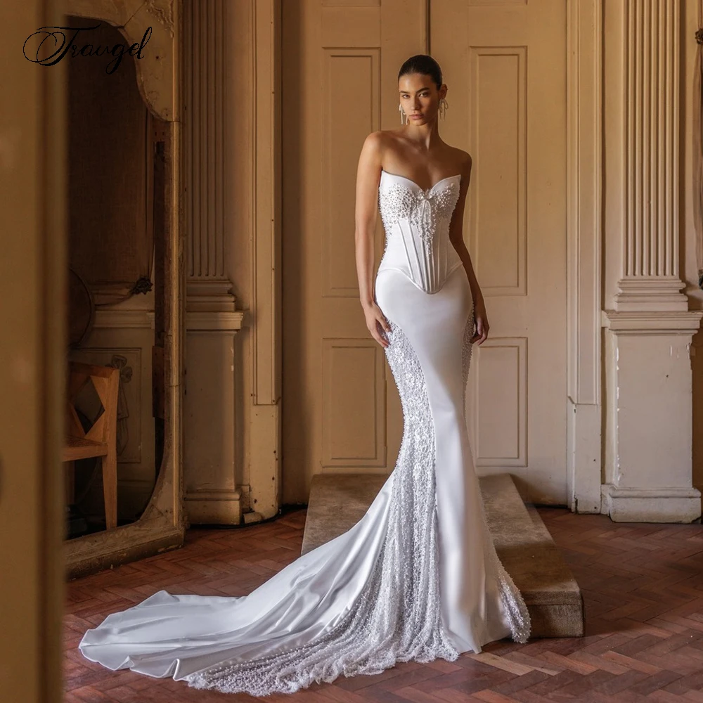 

Customized Mermaid Sexy Wedding Dresses Strapless Matte Satin Vestido De Novia Lace Beaded Pearls Vintage Robe De Mariee