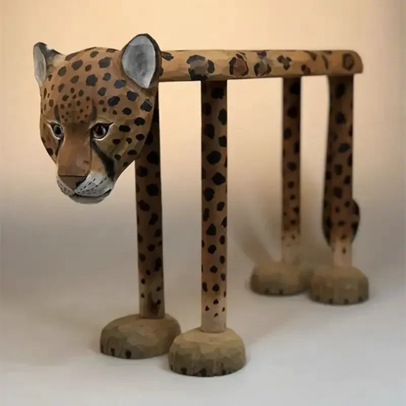 Footrest Hand Carving Leopard Ottoman Vintage Luxury Low Wooden Chair Entrance Door Change Shoe Stool Home Furniture Step Stool
