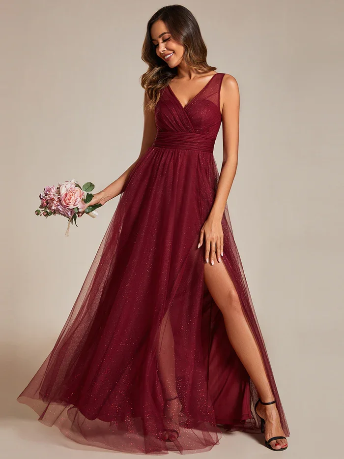 V-neck Maxi Spaghetti Strap Sequin Hollow tulle high-waist sleeveless high slit Bridesmaid Dress