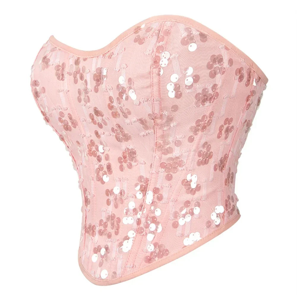 Sexy Women's Vintage Corset Crop Tops Light Pink Sequin Embellished Corsets Sexy Push-up Top