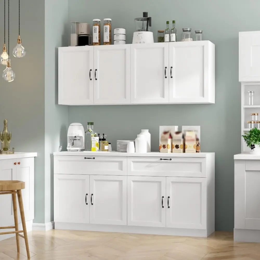 

Wall-Mounted Pantry Storage Cabinet With Drawers & Doors, Bla Handles, Wall Cabinet For Kitchen, White