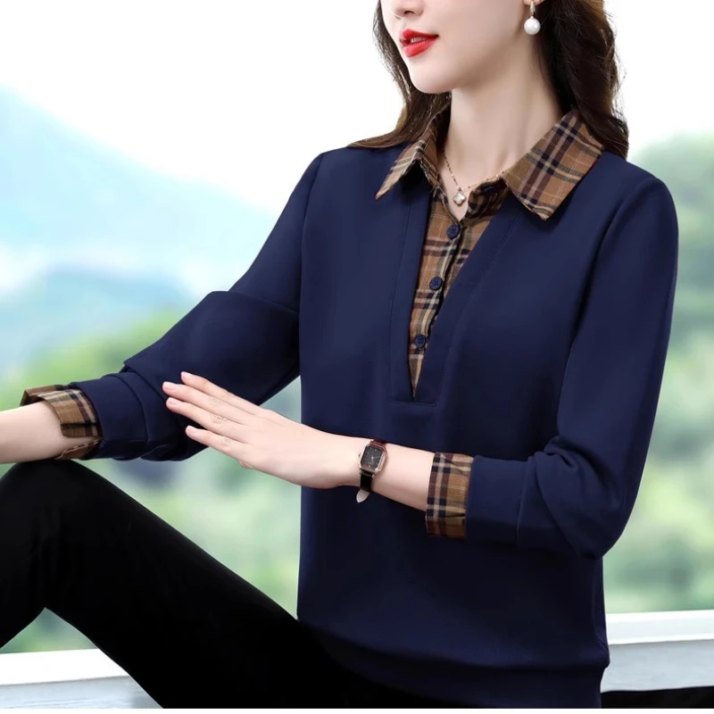 الخريف أزياء الربط منقوشة طويلة الأكمام المرأة أعلى بسيط وهمية اثنين النمط الأجنبي قميص بولو مصمم تي شيرت المرأة الفاخرة #6