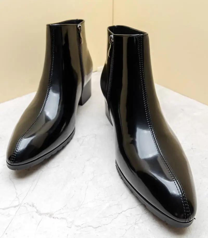 New Luxury Patent Leather Chelsea Ankle Boots Men 5cm Height Increase Fashion Concise Boots Mens Wedding Dress Pointed Toe Boots