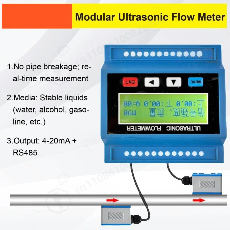 Modular Clamp-on Ultrasonic Liquid Water Flow Transmitter 4-20mA RS485 Modbus Output Non-intrusive Flow Meter