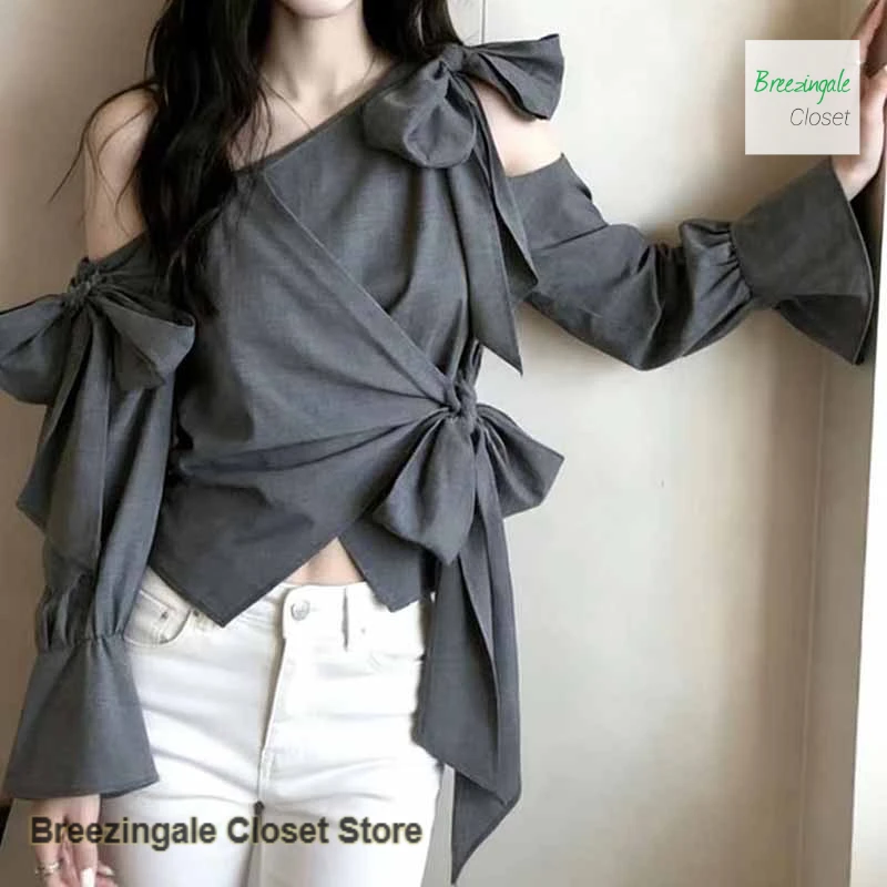

Korean advanced feeling hanging neck lace-up diagonal shoulder shirt women's spring new chic fashion bow irregular casual shirt