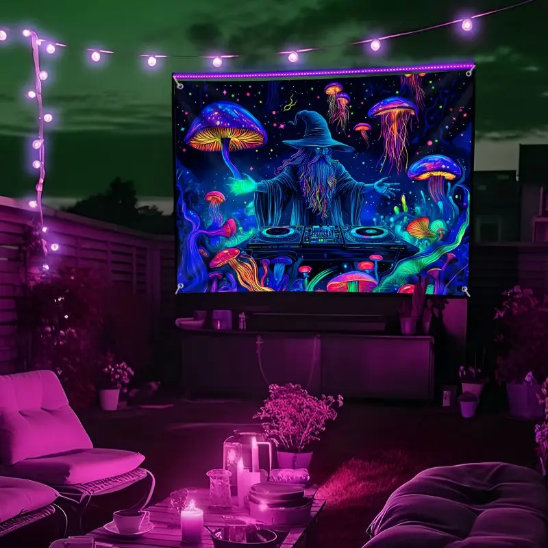 VIKAMA UV Reactive Fluorescent Jellyfish Tapestry Psychedelic Neon Glow Wall Hanging for Bedroom Dorm Esports Room Decor