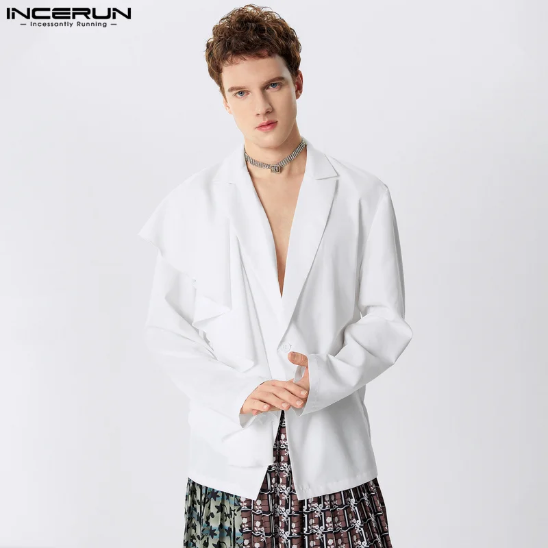 INCERUN Men Irregular Blazer Solid Color Lapel Long Sleeve One Button Casual Suits Men Streetwear Ruffle 2024 Fashion Thin Coats