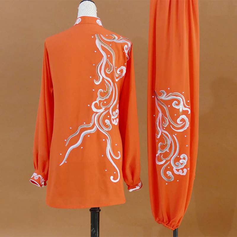 New Orange Silk Linen Mid-Length Tai Chi Uniform Women Kung Fu Practice Suit Dragon Embroidery Team Performance Summer Costume