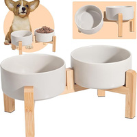 Elevated Ceramic Raised Pet Bowl Non-Slip Bamboo Stand Double Dog Feeding Bowls Outdoor Feeding Drinking Supplies for Cats Dogs