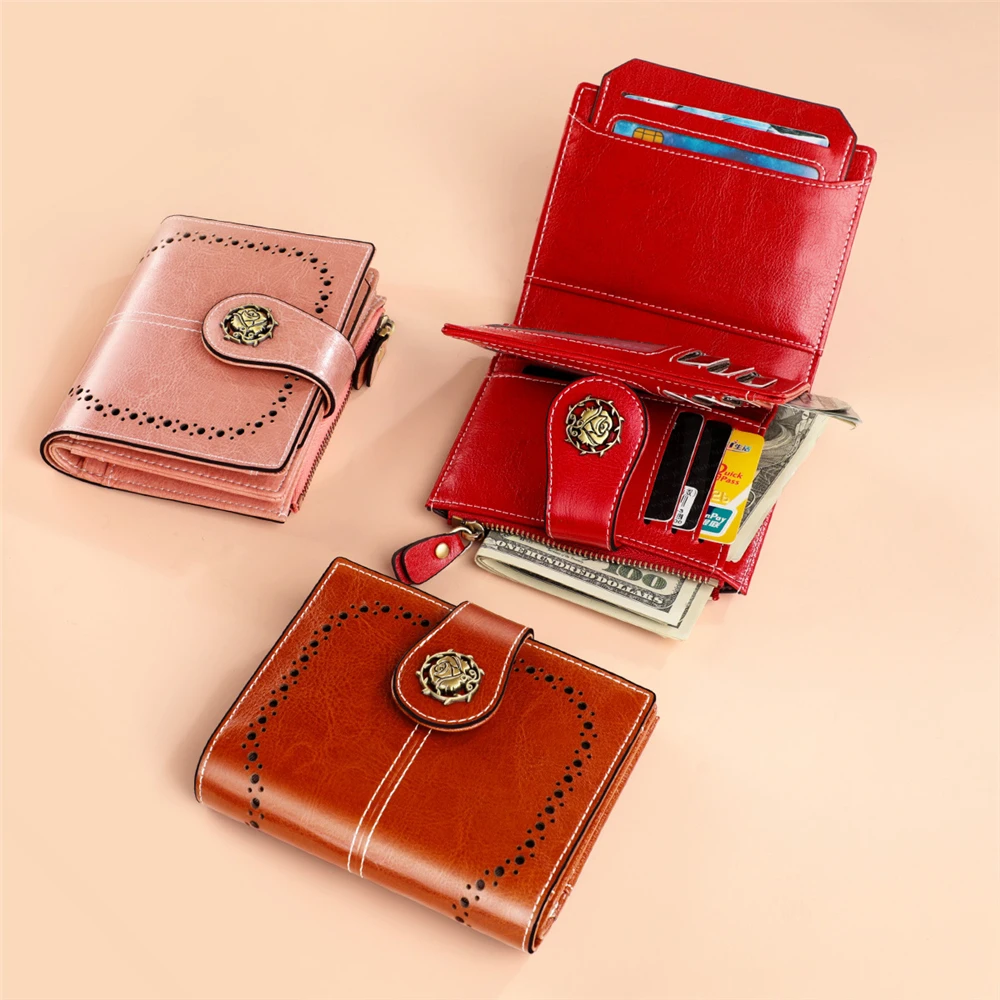 

More Color Choice Leather Wallet Women's Short Wallet Vintage Oil Wax Cowhide Zero Purse Multifunctional Anti-Theft Handbag