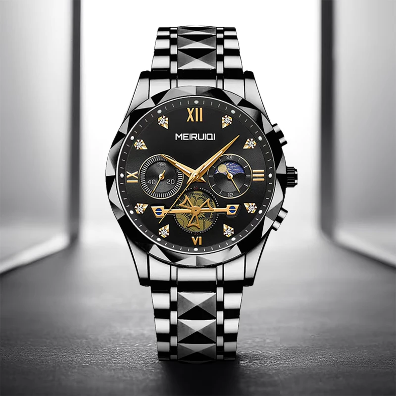 

Мужские черные авангардные многофункциональные кварцевые часы в стиле Вест-Кост с указателями солнца и луны.