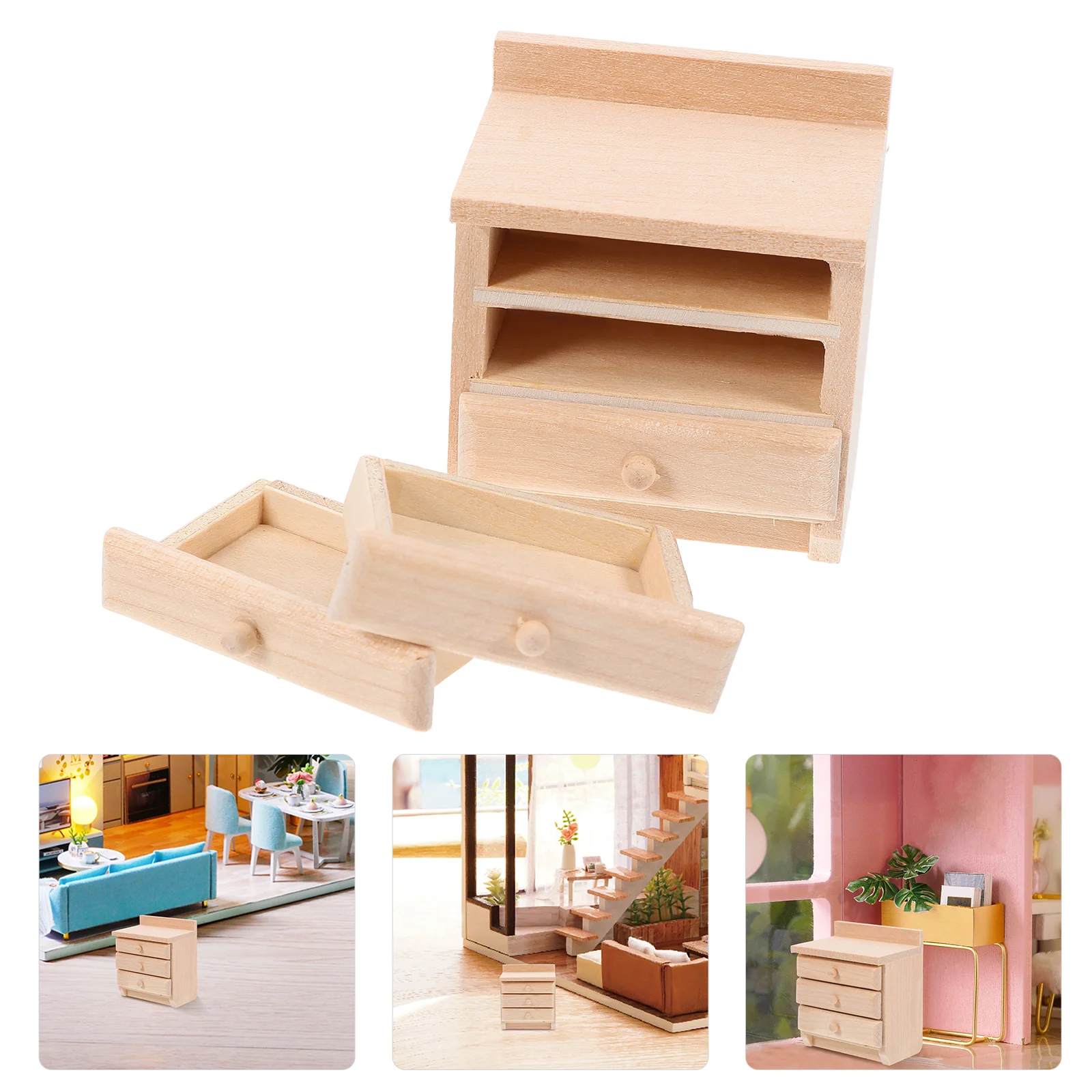 House Furniture Home Decor Mini Bedside Table Fairy Decoration Cabinet Miniature Wood Ornament Drawer