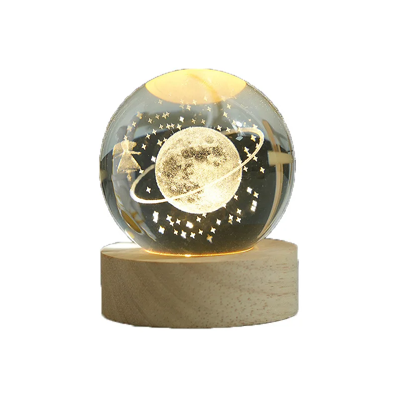 3D crystal ball, carved wooden base, solar system balloon, planetary night light, birthday gift, home desktop decoration