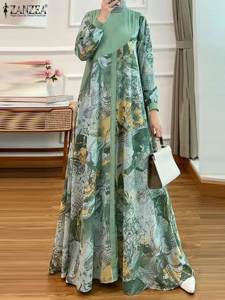 Bohemain Autumn Muslim Abaya Women Maxi Dresses 2024 ZANZEA Fashion Long Sleeve Floral Printed IsIamic Robe Patchwork Sundress