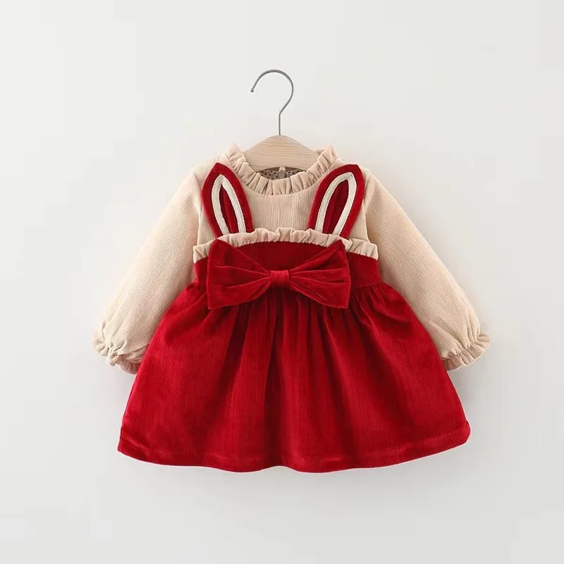 

New Clothes spring autumn 1-5y bow solid princess long sleeve dress 2color 80-120 children kids baby girls clothes Corduroy