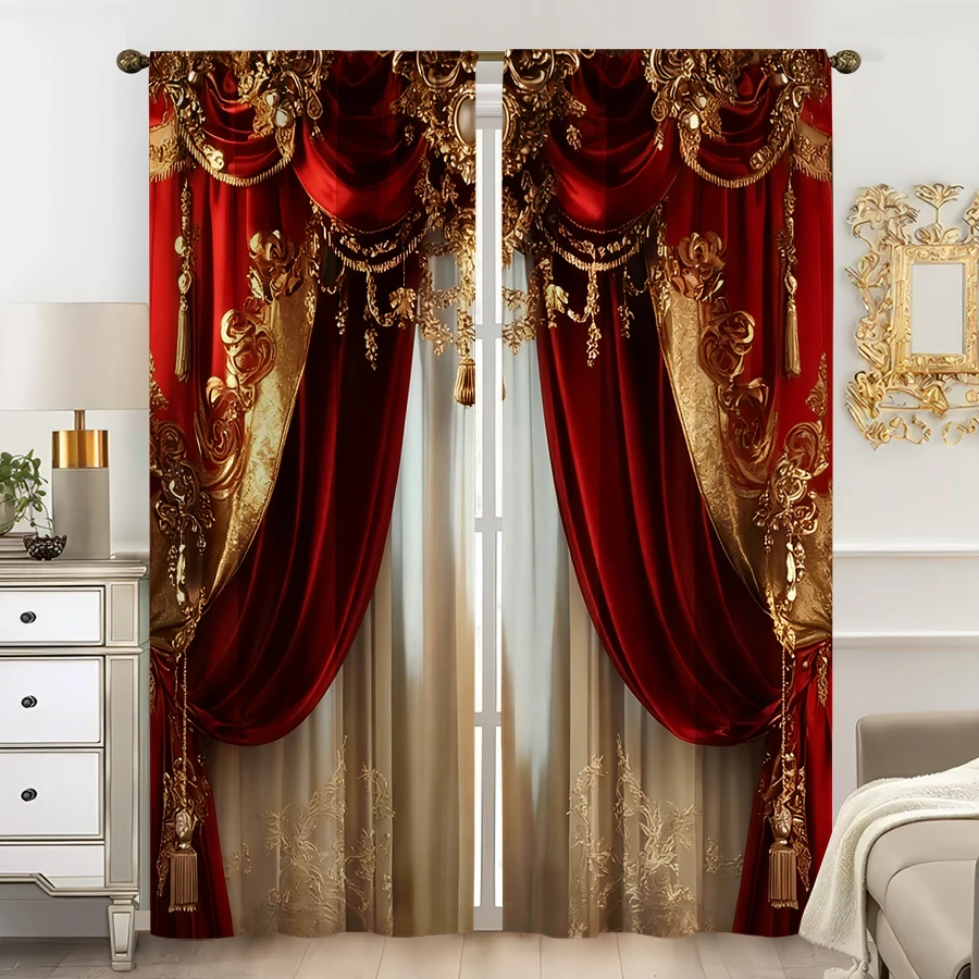 2PCS Curtains, Red and Gold Luxury Baroque Theater Curtain Print, Suitable for Bedroom and Living Room, Rod Pocket Style