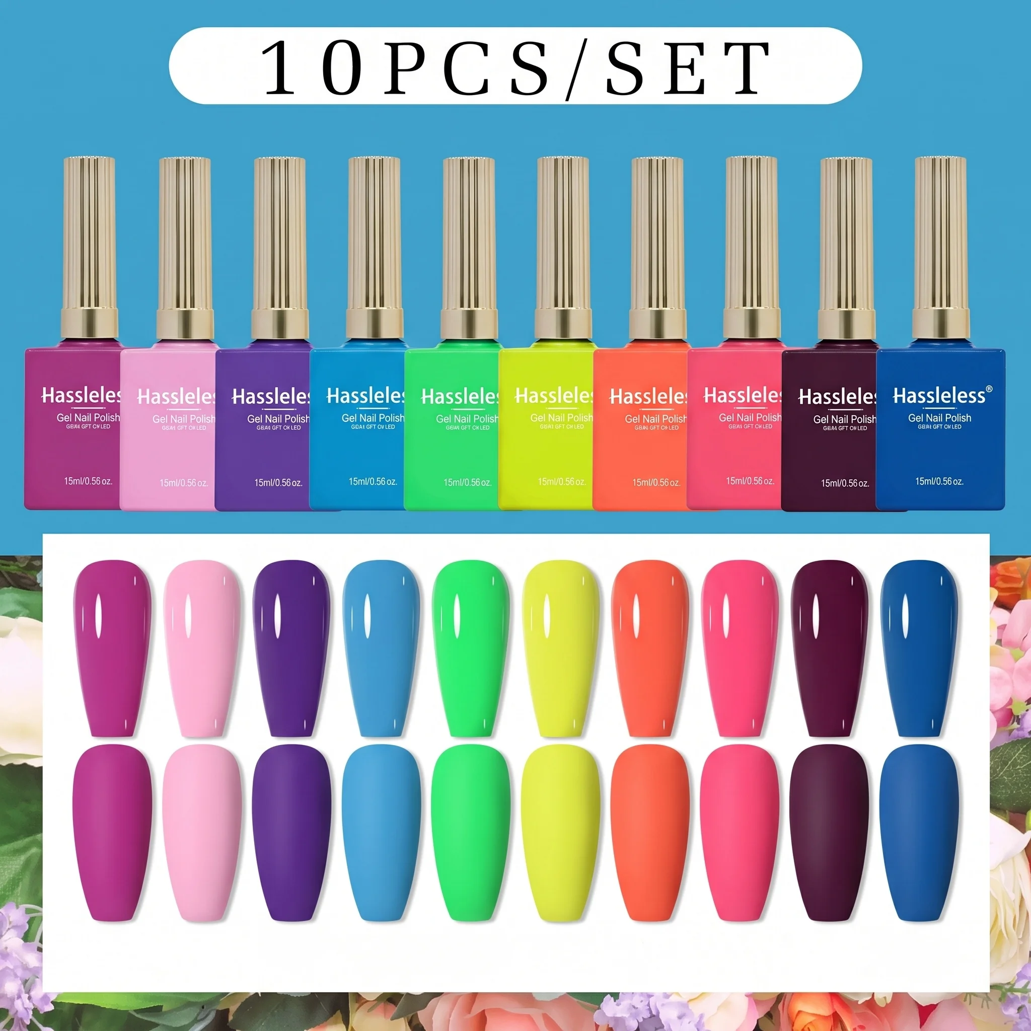 Hassleless 10Pcs Solid Color Glossy Nail Polish Gel Set, Available in Multiple Colors, High Gloss, Long-Lasting, High Saturation, and Even Color Tone