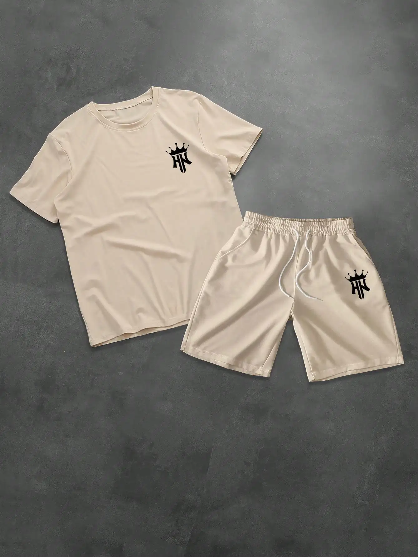 

Men's Beige 2 Piece Set Oversized T-Shirt And Drawstring Shorts Casual Co-Ord Matching Outfit