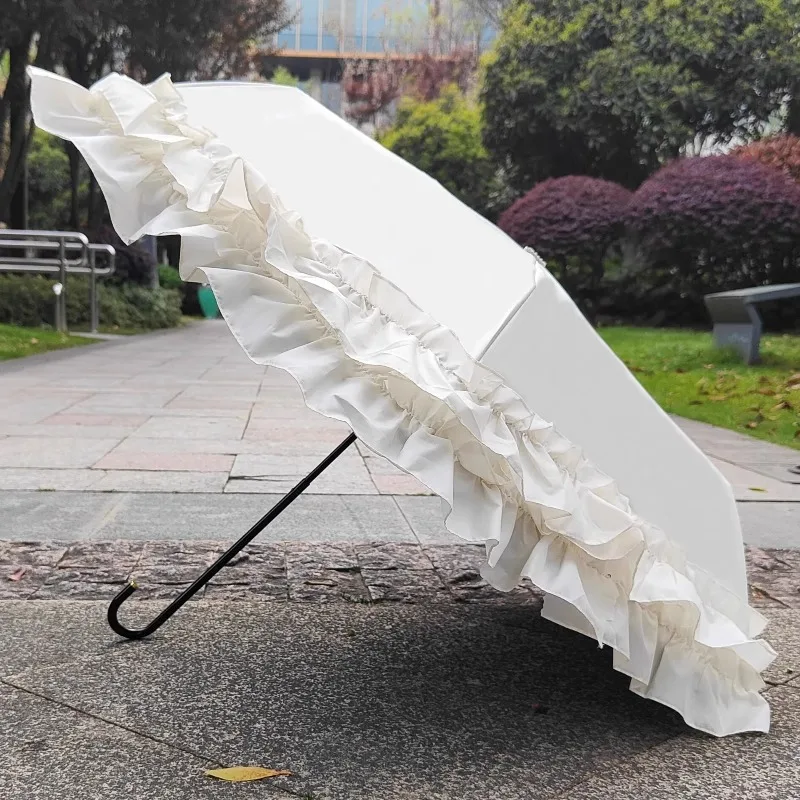 

Double Layered Lace Sun Umbrella With Curved Hook, Black Glue For Sun Protection, For Ladies And Princesses, Lolita Umbrella