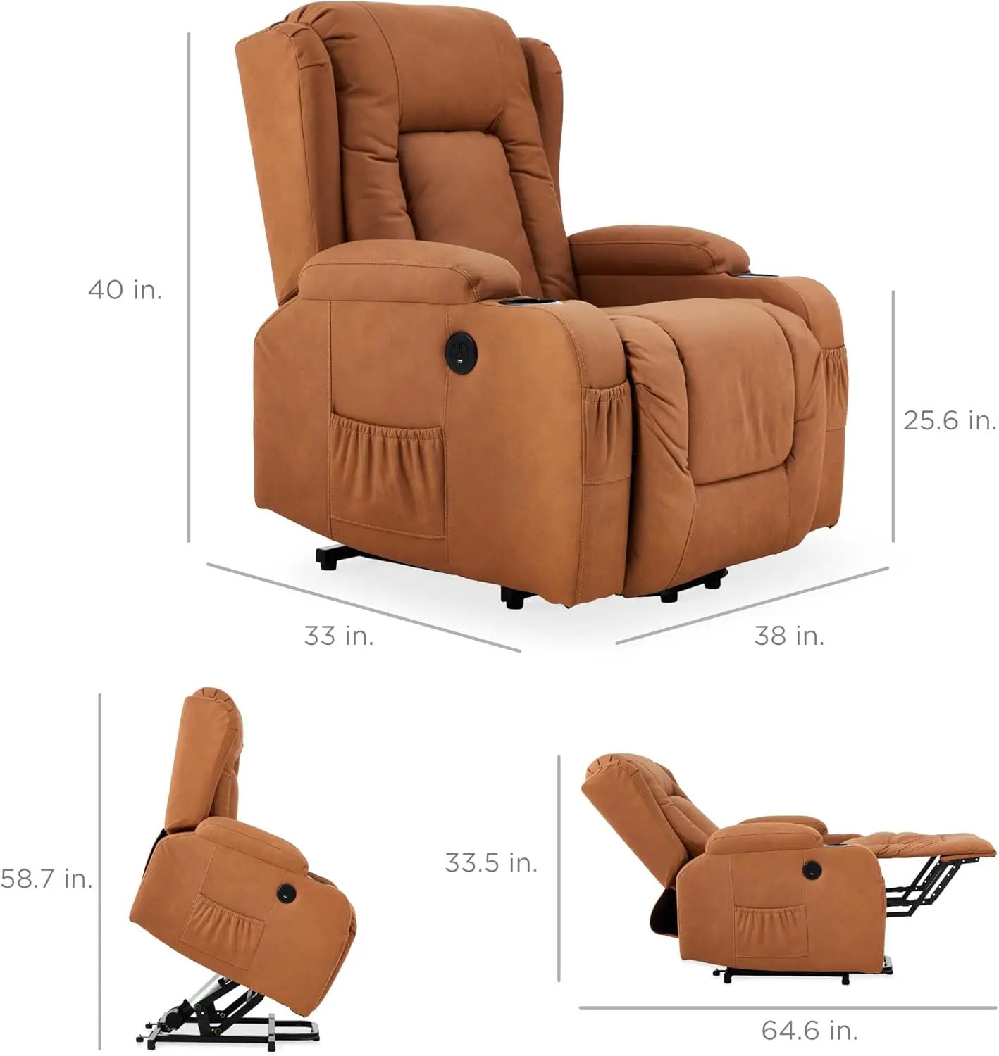 Leather Electric Power Lift Chair, Recliner Massage Chair, Adjustable Furniture for Back, Legs w/ 3 Positions, USB Port, Heat