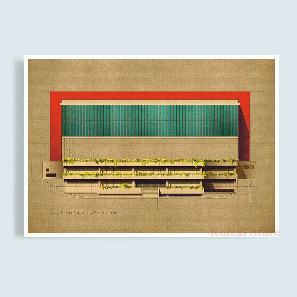 Lina Bo Bardi São Paulo Museum of Art, 1956–1968 Wall Art Vintage Building Drawing Canvas Painting Architect Home Decor