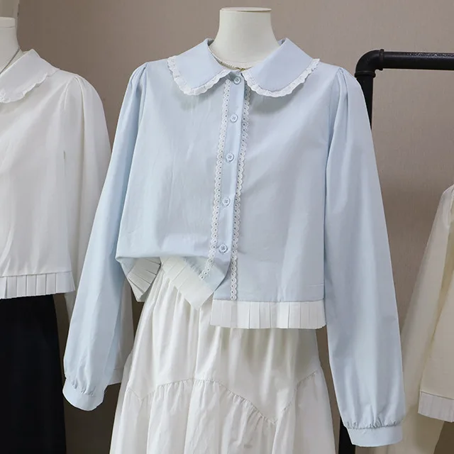 

College Sle Blue Long Sve ort irt Women's Doll Collar Ear Look Lace Trim Top Cotton Bubble Sve Sweet Sle