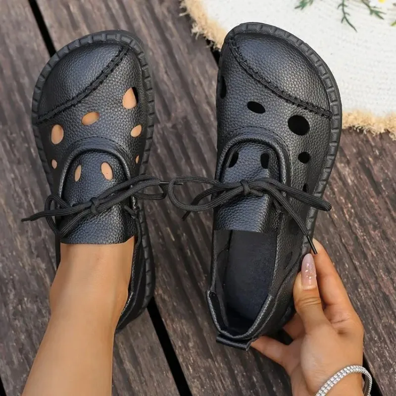 2025 صيف جديد الجوف التدريجي الدانتيل متابعة الصنادل النساء شقة زلة مقاومة الجلود البوهيمي اليدوية حذاء كاجوال مع نعل سميك #6