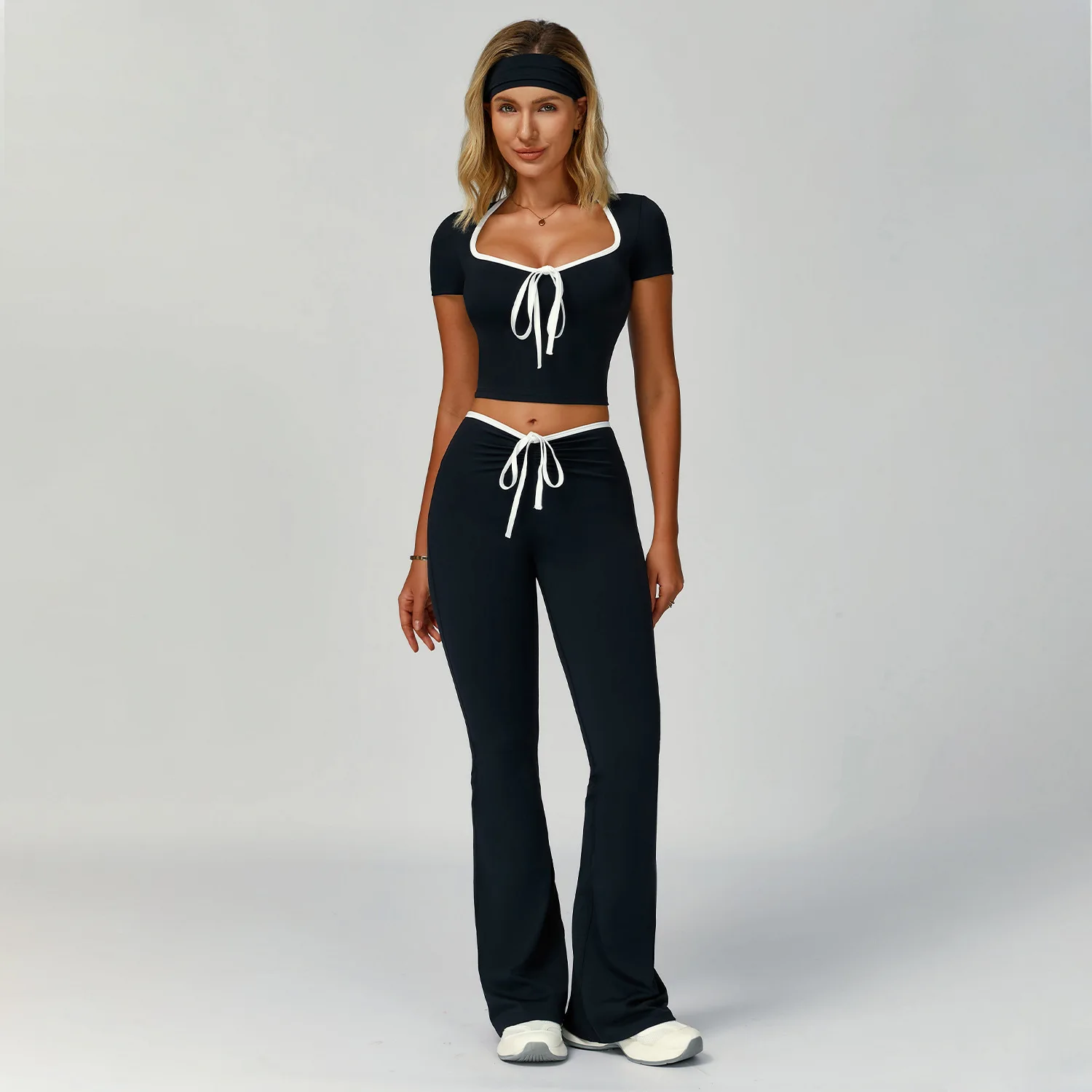 طقم تمرين نسائي من HANRAN مع عصابة رأس 2025، بدلة يوجا بحواف متباينة وسراويل واسعة للصالة الرياضية في الهواء الطلق #4