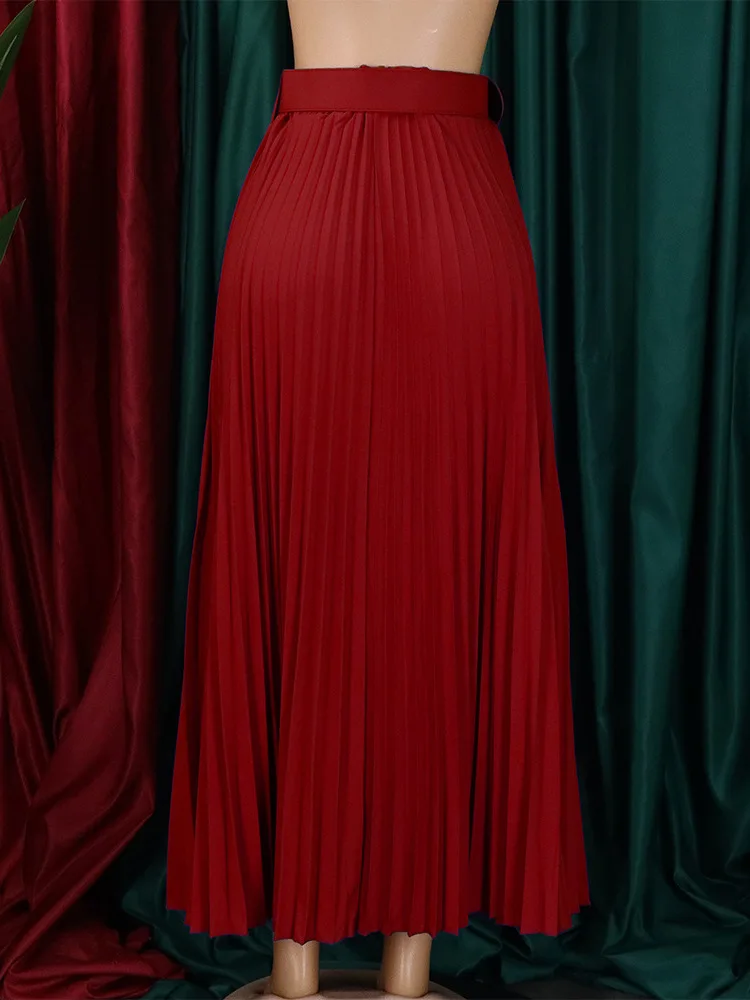 High Waist Pleated Skirt with Belt Casual Sle Women's  Skirt Gathered A-Line Silhouette Elastic Waist Other Material