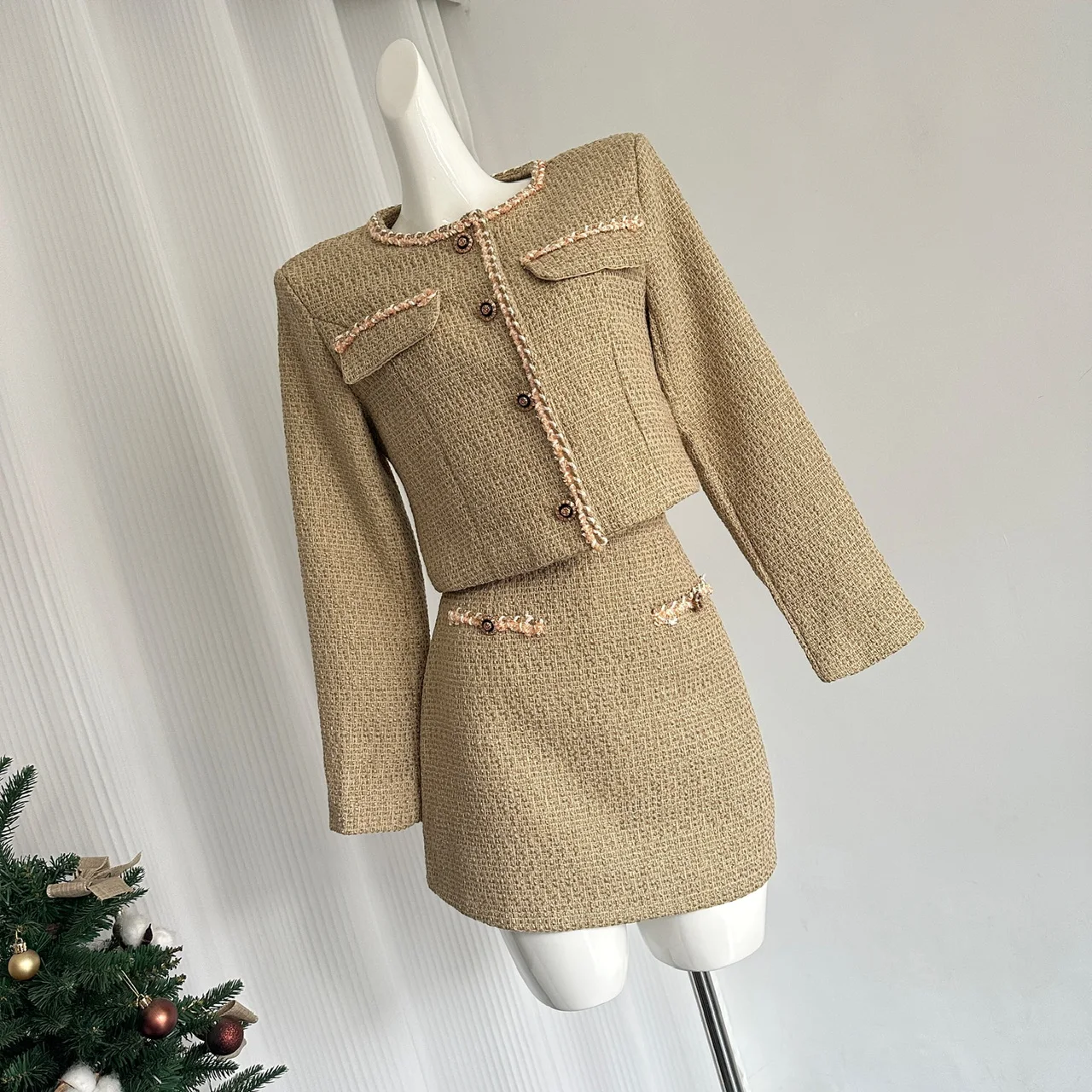 Autumn 2 Piece Sets Women Korean Vintage Temperament Elegant Long Sleeve Button Tweed Short Jacket High Waist Bodycon Skirt Suit