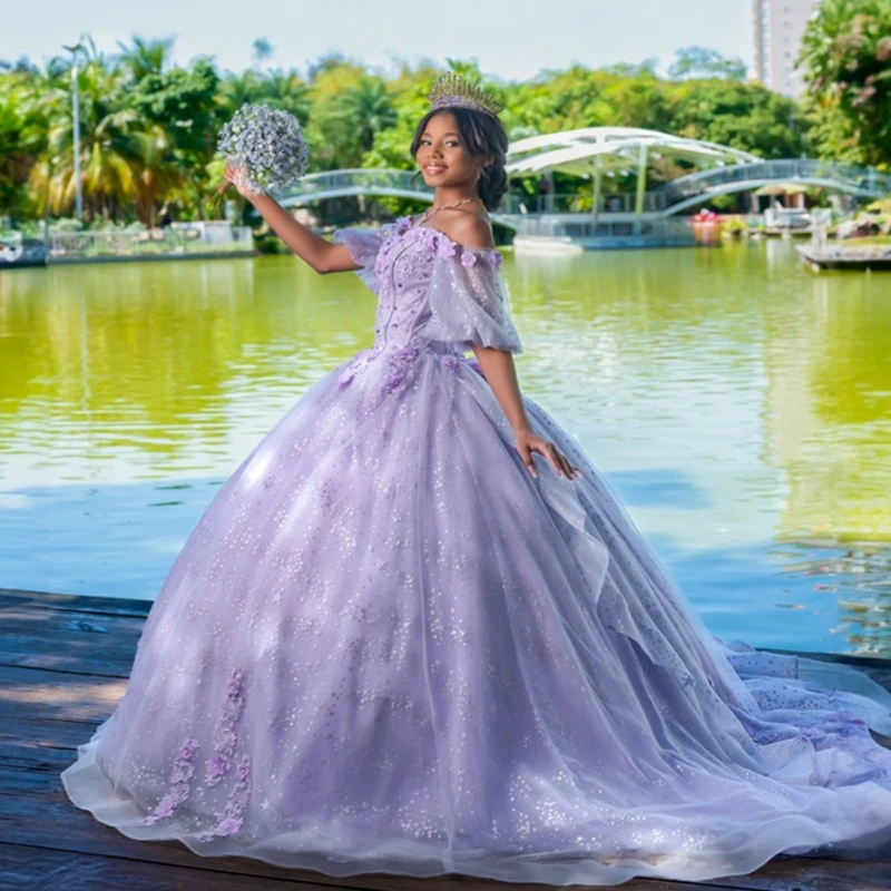 

Lavender Shiny Quinceanera Dresses Ball Gown Off The Shoulder Applique Lace Beading Tull Corset Party Birthday Sweet 16 Dress