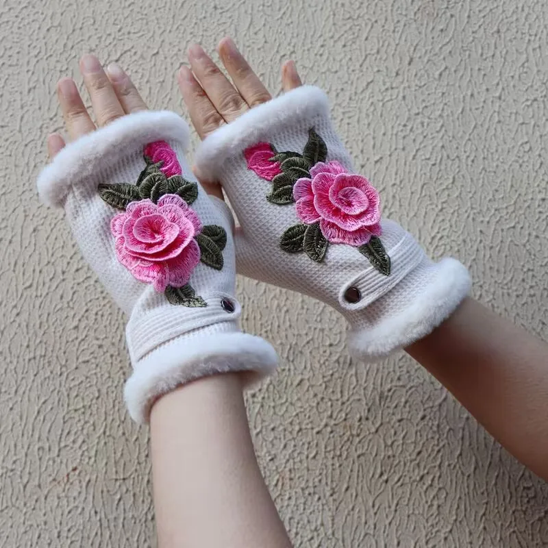 3D Floral Embroidered Fingerless Gloves Winter Autumn 2023 Half Gloves Women Elegant Evening Girlfriend WiFe Gift