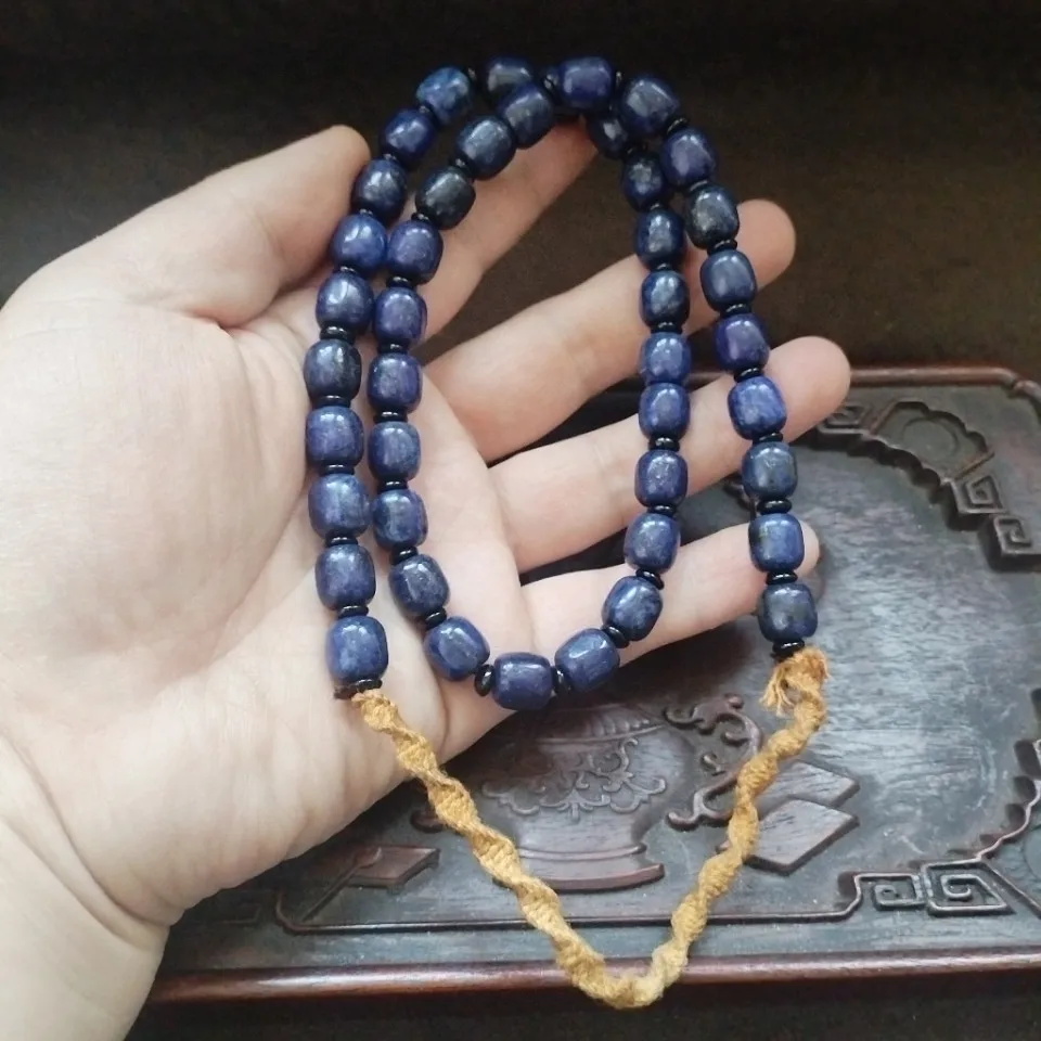 Vintage Dark Blue Barrel Oval Bead Necklace Smooth Stone Beads Unisex Handheld Decor Gift