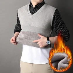 Male Fleece Pullover Men's Polo Collar Sweater Autumn Winter Knitwear Stripe Sweaters Thick Warm Khaki Korean Clothing