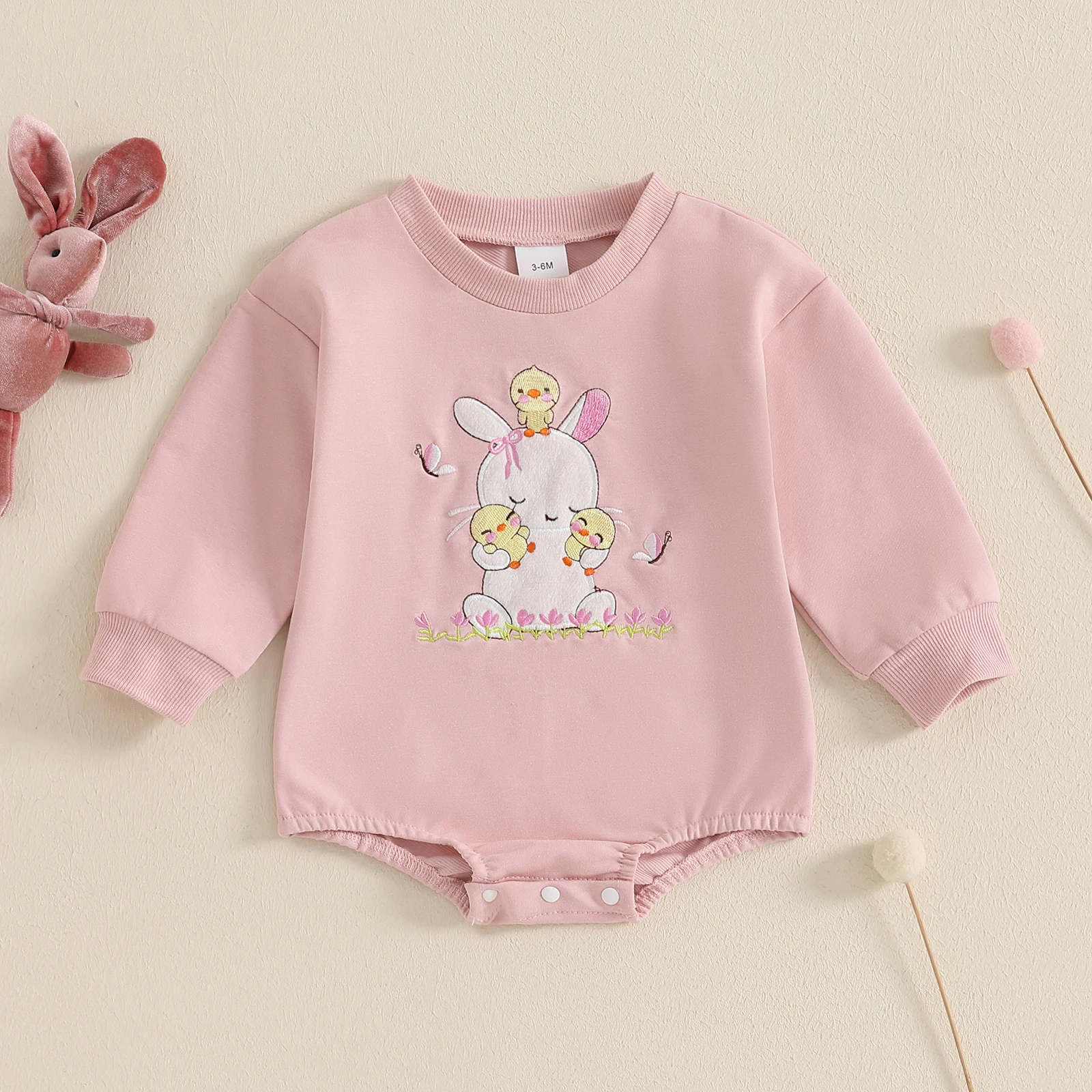 Baby Girl Easter Romper Rabbit Chick Embroidery Long Sleeve Bubble Jumpsuit Spring Clothes