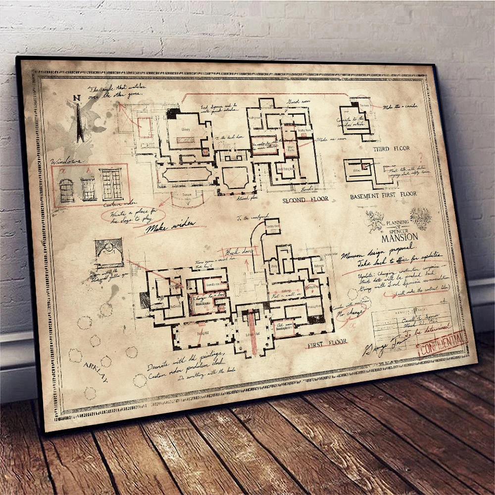 Klassische R-Resident Map Evil Poster, The Spencer Mansion Plan Gamer Prints, Leinwandgemälde, Wandkunst, Bilder für Jungenzimmer, Heimdekoration