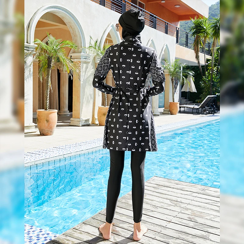 New summer Burkini Muslim women\'s swimwear White printed top trousers hat three-piece swimsuit All covered conservative swimwear