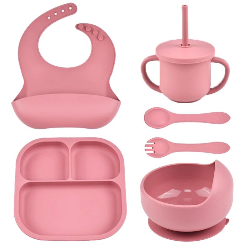 6Pcs Baby Silicone Non-Slip Suction Bowl Plate Spoon Waterproof Bib Cup Set 3-grids Dishes Food Feeding Bowl for Kids BPA Free