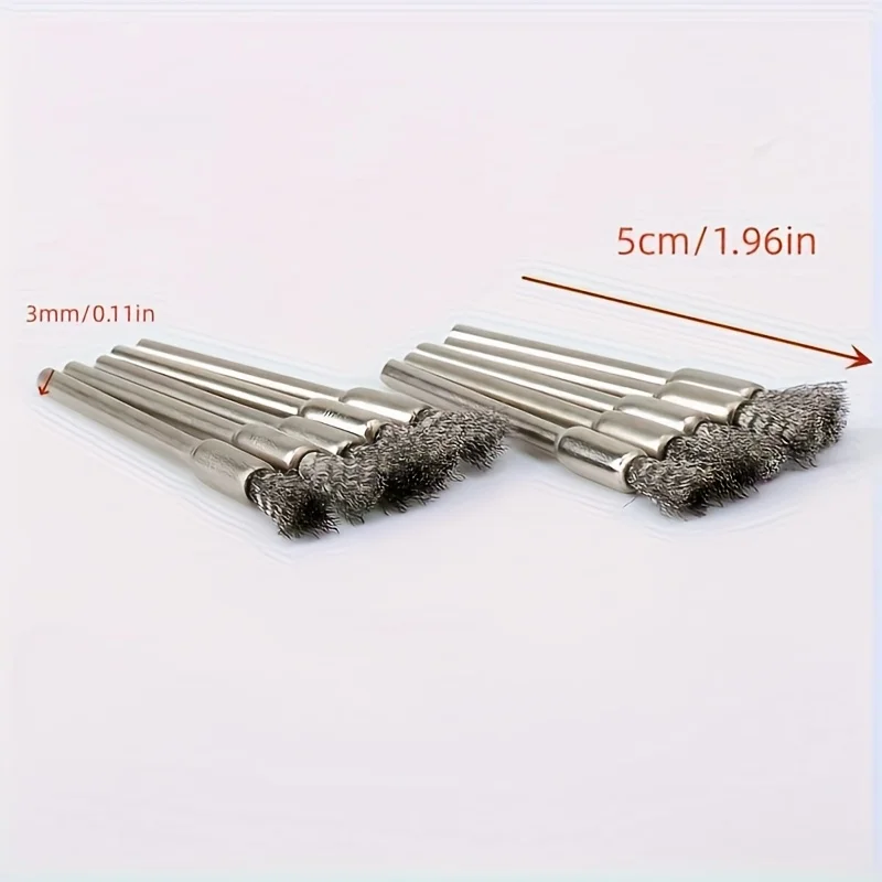 10-Piece stainless steel wire brush, 3mm round handle, uncharged cleaning, deburring and polishing brush for precision work