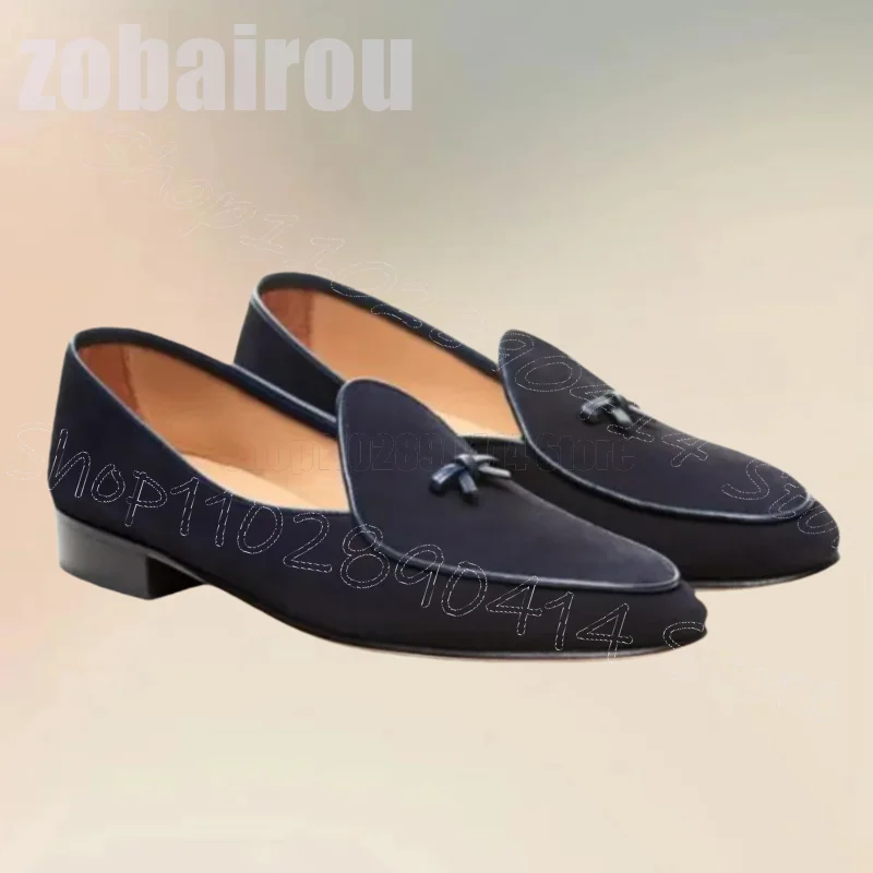 

Navy Blue Leather Bow Knot Suede Penny Loafers Fashion Slip On Men Shoes Luxury Handmade Party Banquet Dating Men Casual Shoes