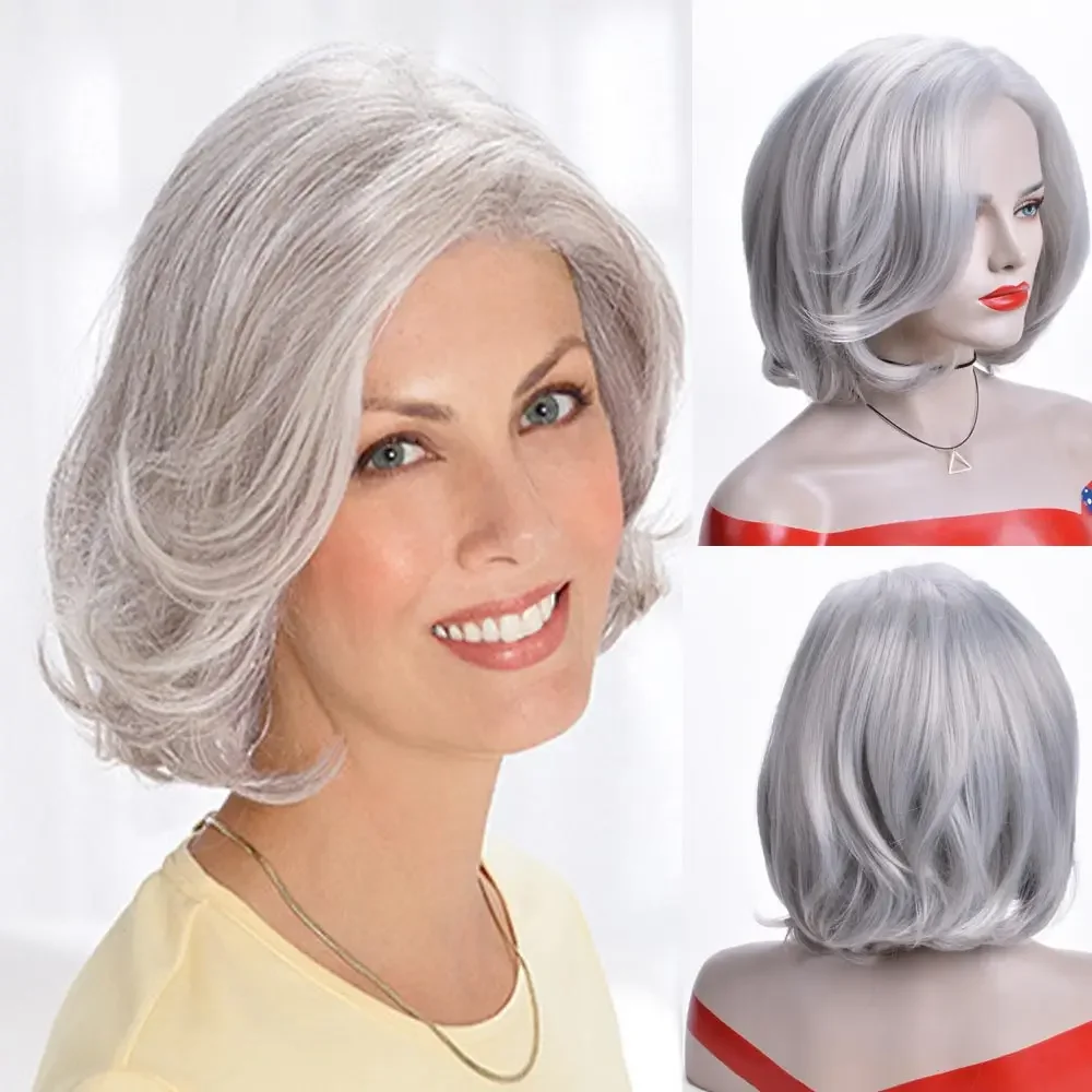 

Mother's Wig Gray Color Curly Bob Wigs Women's Fashion Heat Resistant Short Synthetic Natural Wavy Hair Wigs for Mommy Peluca