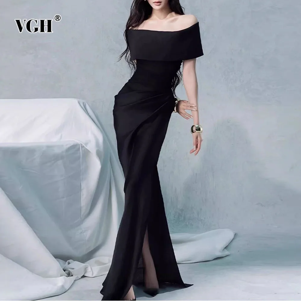 

VGH Temperament Slimming Solid Dinner Dresses For Women Slash Neck Off The Shoukder Sleeve High Waist Sexy Dress Female Style