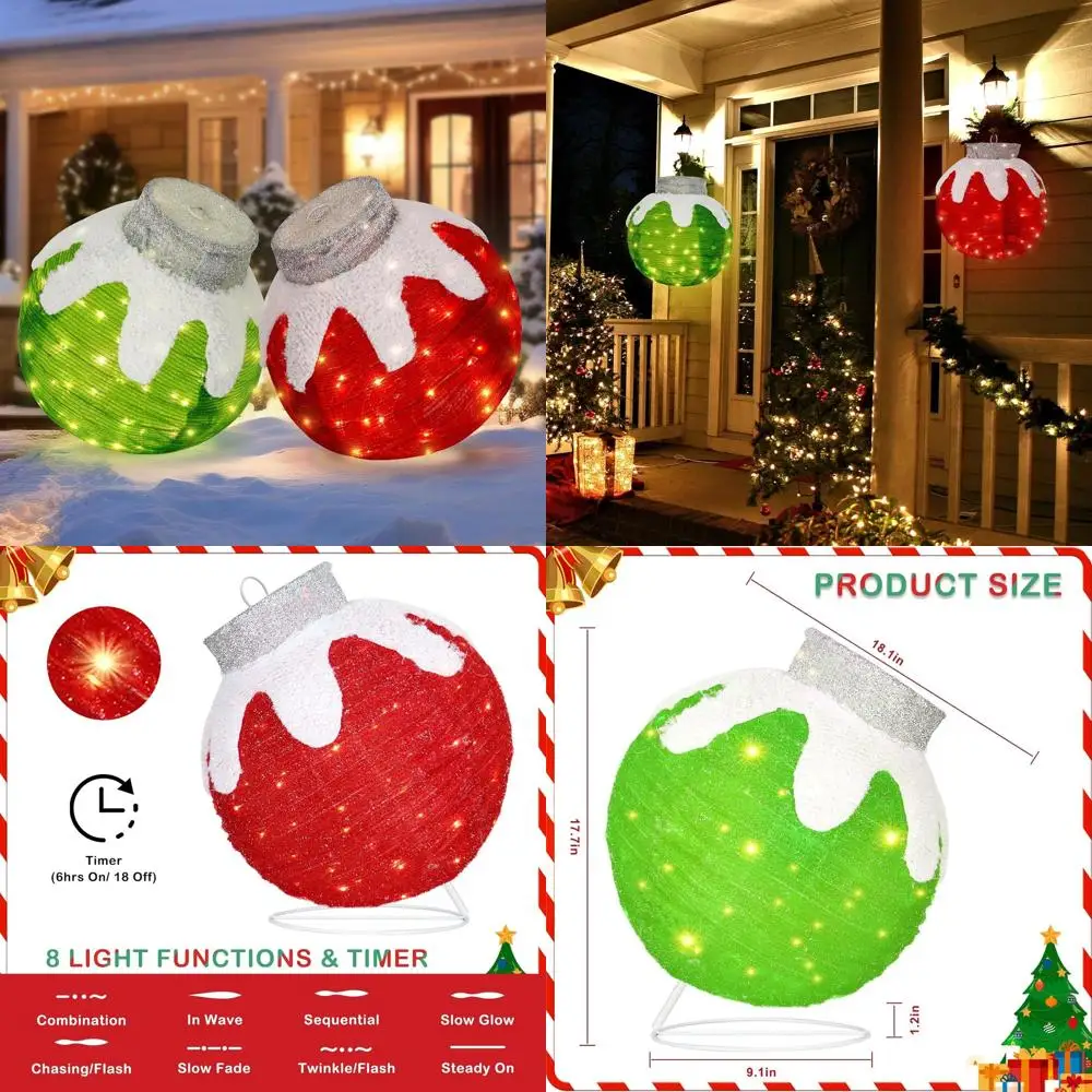 

2 Pack Lighted Pop-Up Holiday Balls with 80 LEDs, 8 Modes, Outdoor Christmas Decorations for Yard and Home (Red & Green)