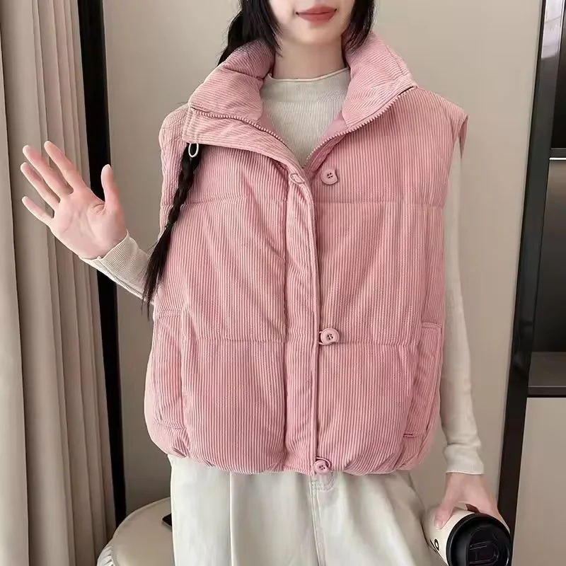

2026 Autumn Winter New Corduroy Down Cotton Vest Jacket Women Korean Sleeveless Coat Female Loose Short Top Waistcoat Outcoat