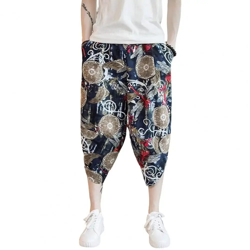 

Loose Chinese Style Pants Chinese Style Retro Print Men's Cropped Trousers with Side Pockets Drawstring Elastic Waist for Summer