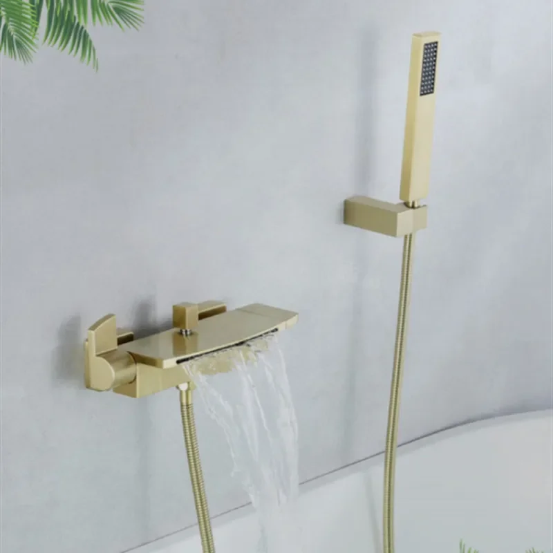 

Bathtub Shower Set Wall Mounted Bathroom Double Handle Brush Gold Waterfall Bathtub Faucet Solid Brass Casted Water Saving